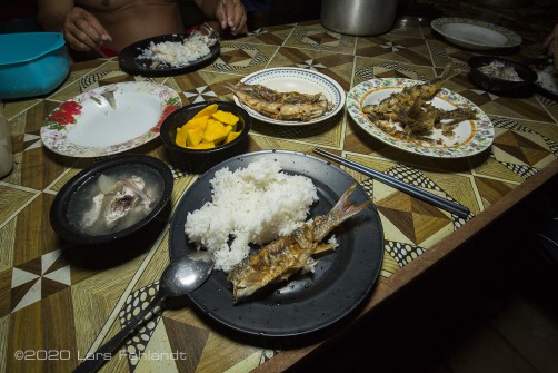 Alles Frisch auf den Tisch: Fischsuppe, Reis und frittierter Fisch - als Dessert gab es Mango